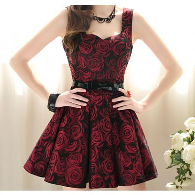 Rose Printed Emprie Waist Ball Gown Sleeveless Dress