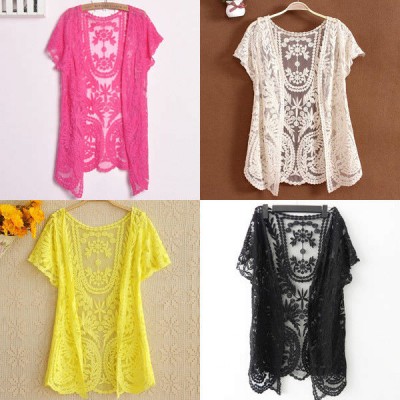 Lace Embroidered crochet Casual shirt open blouse tops blusas Short sleeve