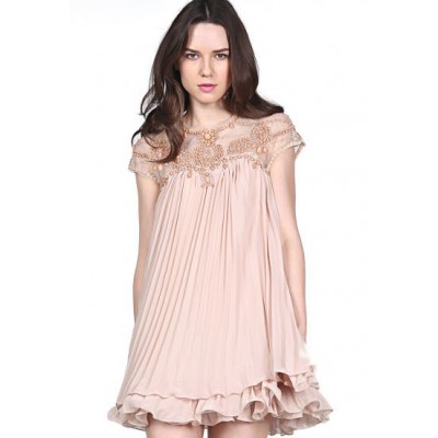 Apricot Short Sleeve Lace Pleated Doll Chiffon Short Dress