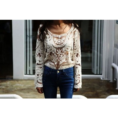 Lace Embroidered crochet Casual shirt blouse tops blusas Long sleeve