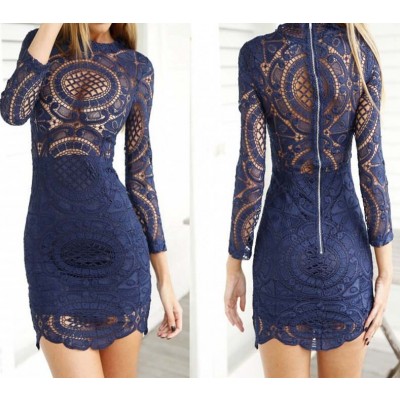 Blue Flower Lace High Necked Dress