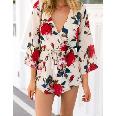 Cream Red Floral Boho Playsuit