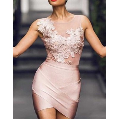 Nude Floral Decor Stitching Cross Bodycon Dress