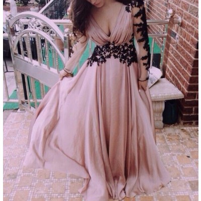 Pink Maxi Slit Elegant Dress With Detailed Long Sleeve Lace 