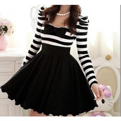 White black stripe long sleeve bow dress