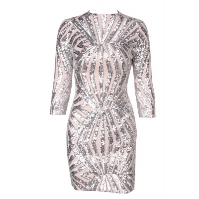 Silver Geometric Sequined Open Back Bodycon Dress