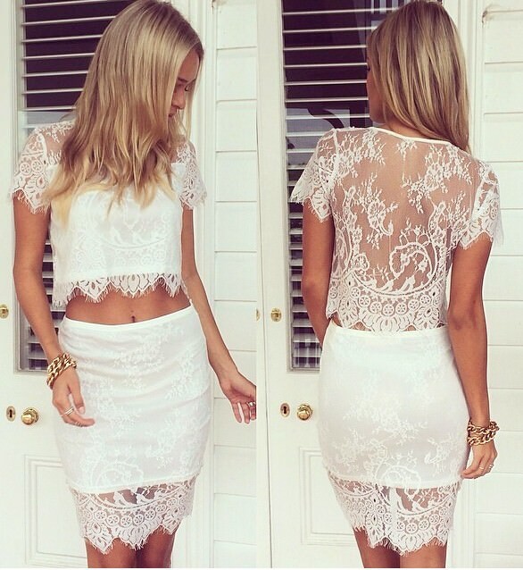 white lace top and skirt set