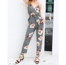 Gray Playsuit Front V With Floral Print 