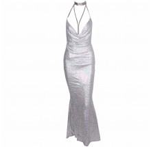 Silver Sequined Shine Cowl Neck Maxi Dress