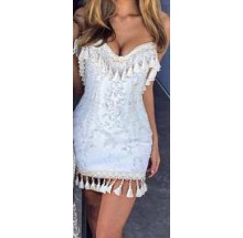 Strapless Silver White Reversible Sequins With Pom Pom Dress