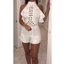 White Ruffles Romper With Metal Ring Criss Cross Straps Open In Back