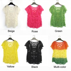 Lace Embroidered crochet Casual shirt blouse tops blusas Short sleeve