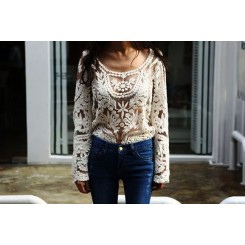 Lace Embroidered crochet Casual shirt blouse tops blusas Long sleeve