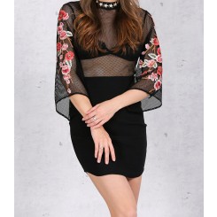 Black Lace Embroidered Rose Sleeve Dress