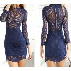 Blue Flower Lace High Necked Dress