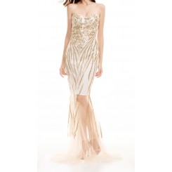 Strapless White Gold Sequin Maxi Mermaid Dress 
