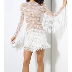 White Cut Out Tiered Fringe Long Sleeve Dress
