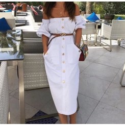 White Off Shoulder Puff Sleeve Midi Dress