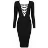 black Criss Cross Lace Up Detail Bodycon Dress Long Sleeve Dress