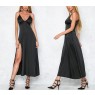 Black Glossy Satin Maxi Slit Elegant Dress