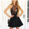 Black Waist Irregular Lace Mesh Halter Neck Dress
