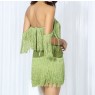 Green Off The Shoulder Multi Tiered Fringe Dress