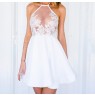 White Waist Irregular Lace Mesh Halter Neck Dress