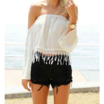 White Off Shoulder Lace Shirt Strapless Blouse Tops Long Sleeve