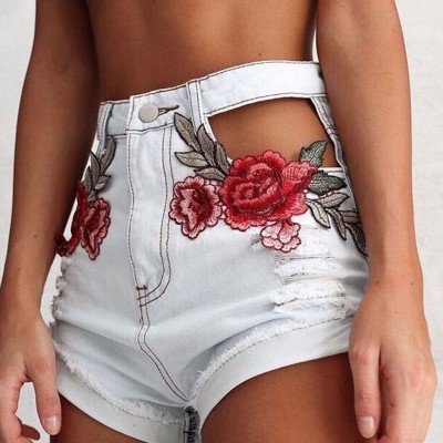 Embroidery Rose Floral Denim Shorts