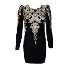 Gold Embroidered Puff Sleeve Mini Dress In Black