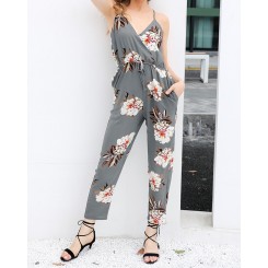 Gray Playsuit Front V With Floral Print 