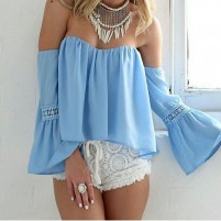 Off the Shoulder Hollow Chiffon Blouse Frill Summer 2 Colors 