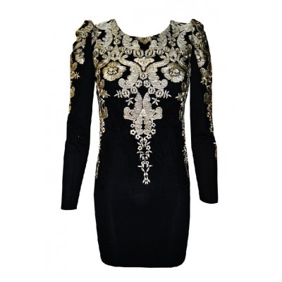 Gold Embroidered Puff Sleeve Mini Dress In Black