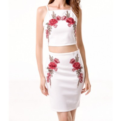White Embroidered Two Piece Rose Set