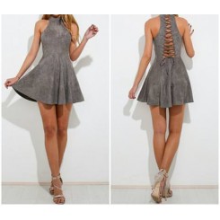 Grey Faux Suede Lace Up Short Dress
