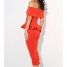 Red Off Shoulder Peplum Bodycon Two Pieces Bow Belt Sets
